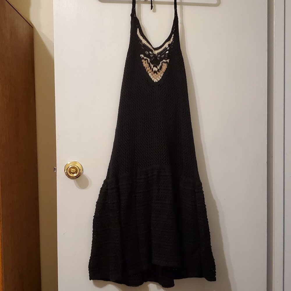 Moda International Black Crochet Halter Dress Sz L